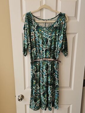 Madison Teal and White Cold-Shoulder Midi Dress